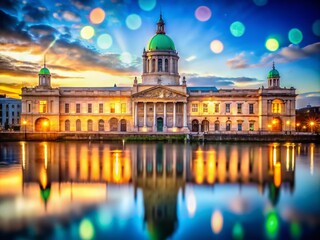 Bokeh photography highlights Dublin Custom House's grace.