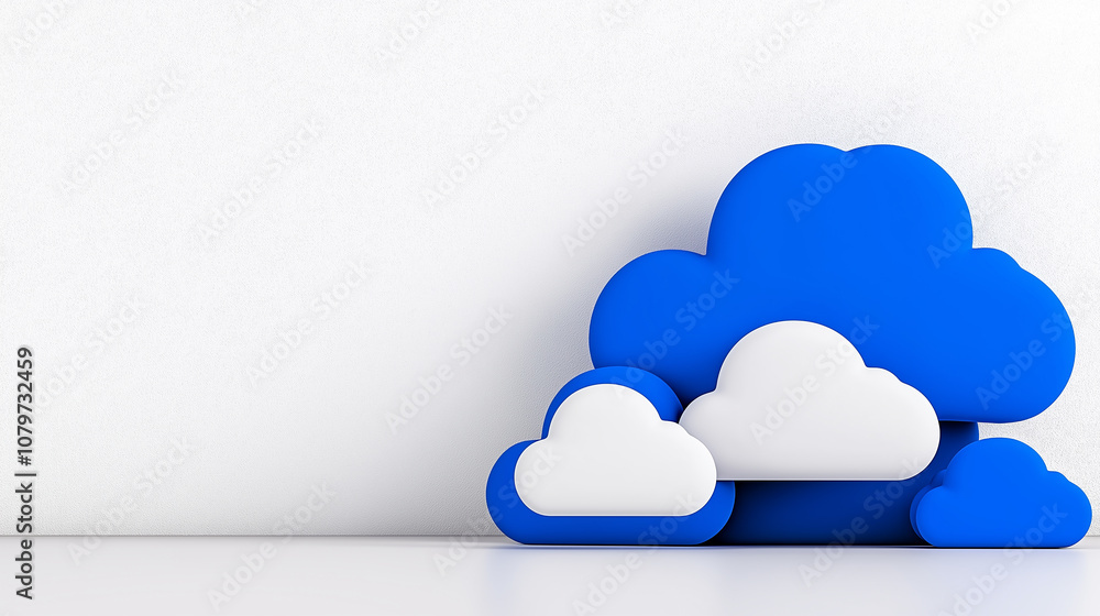 Leinwandbilder cloud computing setup with blue and white cloud shapes on clean background. this visual represents m