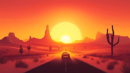 Fototapeta premium A scenic road trip through a desert landscape, with a car driving into the sunset.