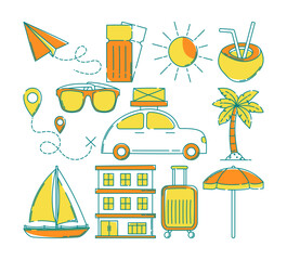Colorful doodle illustrations of vacation essentials: sunglasses, car with luggage, suitcase, hotel, palm tree, sun, sailboat, beach umbrella, and tropical drink. Perfect for holiday themes