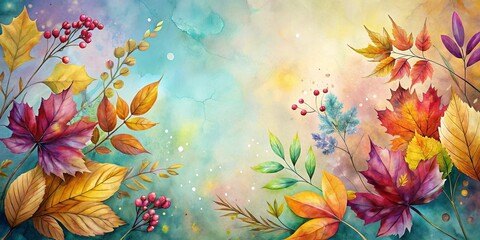A Watercolor Painting of Autumn Foliage and Berries on a Soft Blue and Yellow Background