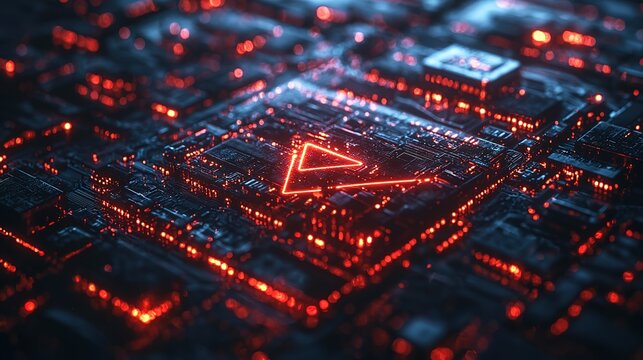 Futuristic circuit board with glowing red elements, conceptualizing advanced technology and digital innovation in a dark, mysterious atmosphere