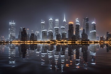 Fototapeta premium Night city skyline with illuminated skyscrapers and reflections on water, Ai Generated