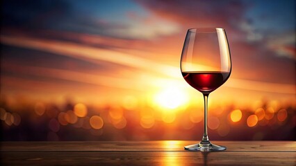 A Glass of Red Wine Stands on a Wooden Table Against a Vibrant Sunset Background
