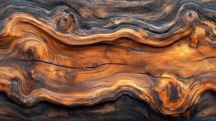 Close-up of a weathered wooden plank with rich brown and black grain patterns.