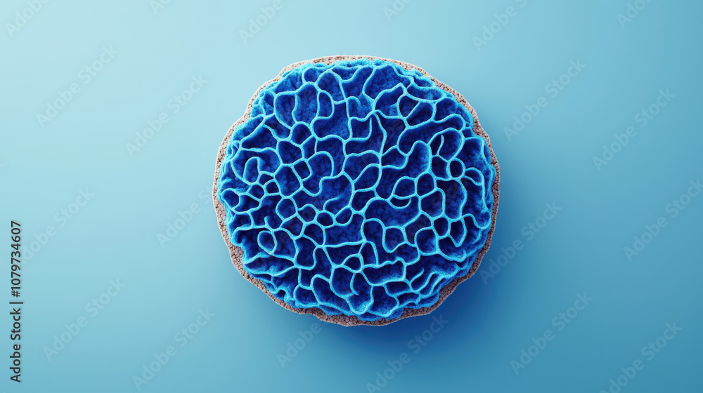 Poster cross section of underwater plant cell under microscope, showcasing intricate blue structures and te