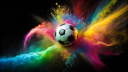 Fototapeta premium A soccer ball explodes with a burst of vibrant colors, creating a dynamic and artistic composition.
