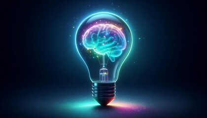 A glowing light bulb with brain as filament symbolizes creativity, innovative ideas and the invention of technology and intelligence, representing the knowledge of human thought and Power of invention