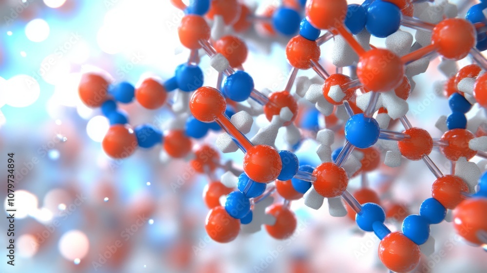 Poster abstract illustration of molecular structures featuring colorful spheres, representing atoms in a sc