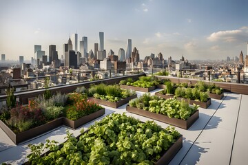 Fototapeta premium Open air rooftop garden with cityscape in the background daytime, Ai Generated