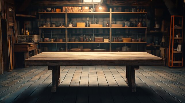 Rustic Workshop Table with Shelving. Rustic wooden table in a craftsman’s workshop surrounded by organized shelves filled with tools and equipment. - Powered by Adobe