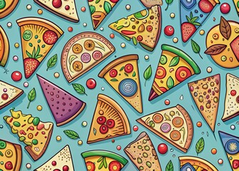Naklejka premium Delightful pizza slices adorn fabric, wallpaper, and packaging in style.