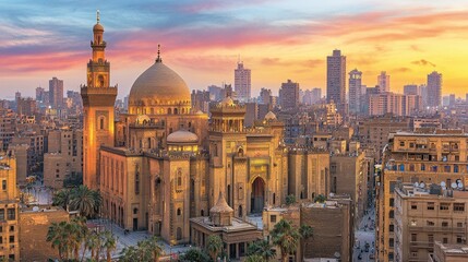 A stunning sunset view of a historic mosque surrounded by a bustling cityscape.