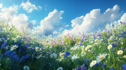 Fototapeta premium A field of wildflowers in bloom under a bright blue sky.