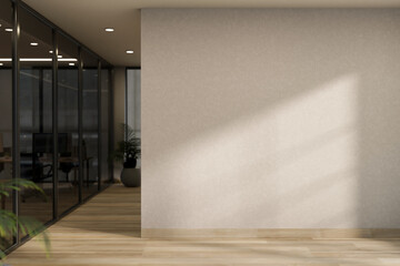 The interior design of a modern skyscraper office corridor features parquet flooring and white walls