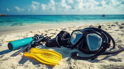 A set of scuba diving gear, including a mask, snorkel, and fins, laid out on a sandy beach.