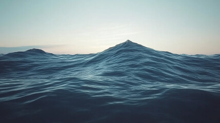 A vast, endless ocean with rolling waves and a mountain-like crest in the distance, bathed in the soft light of dawn.