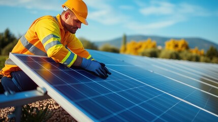 Technician Adjusting Solar Panels Outdoors. Technician in a hard hat and reflective gear adjusts solar panels in a sunny outdoor setting, emphasizing sustainability.