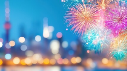 Vibrant fireworks celebrating happy new year 2025 over modern cityscape night sky joyful event for welcoming the future