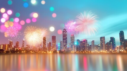 Fototapeta premium Joyful new year's celebration 2025 vibrant fireworks over modern cityscape festive nighttime event urban environment welcoming viewpoint for a happy new year