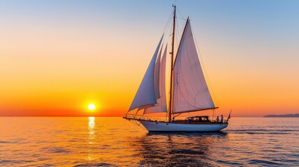 Fototapeta premium Couple enjoying a sunset sailboat ride, relaxing on deck as the sun dips below the horizon sailing, sunset, peaceful evening
