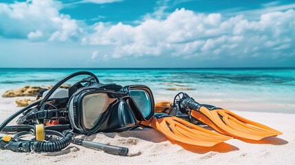 Fototapeta premium A set of scuba diving gear, including a mask, snorkel, and fins, laid out on a sandy beach.