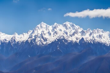 Fototapeta premium Snow capped mountain range with a bright blue sky clear weather, Ai Generated