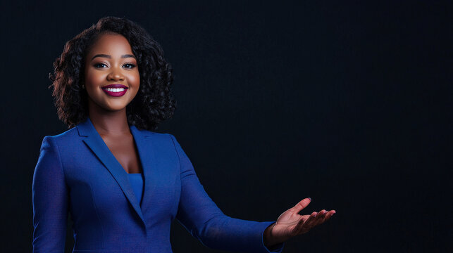 confident African American businesswoman in blue suit, smiling and gesturing. Her joyful expression conveys professionalism and approachability