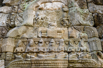 Bas-relief Sculpture at Ta Prohm temple, Siem Reap, Cambodia.