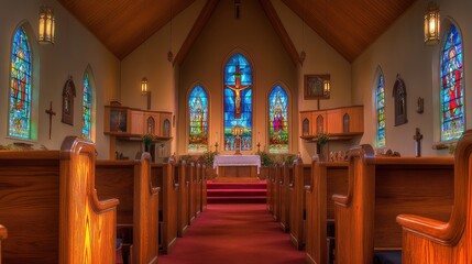 Fototapeta premium Interior view of a church featuring stained glass windows and wooden pews.