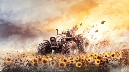 Stunning Sunset Over Sunflower Field: A Cutting-Edge Farming Vehicle in Action &ndash; Perfect Poster for Agricultural Enthusiasts and Modern Decor!