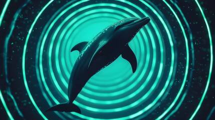 Dolphin Leaping Through Glowing Digital Rings in Futuristic Aquarium with Bioluminescent Water