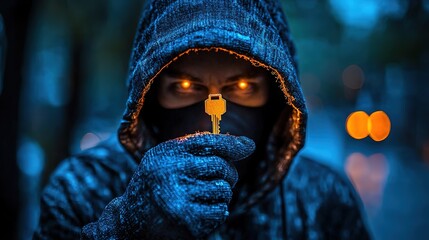 Mysterious figure in a hooded jacket holding a key at night, symbolizing cyber security. The glowing eyes and low light create an enigmatic atmosphere.