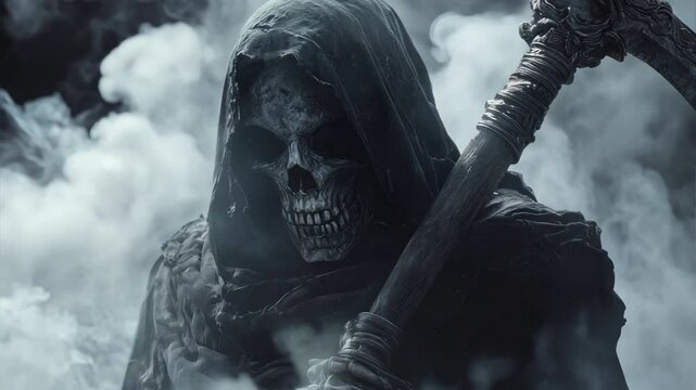 Detailed grim reaper with a large scythe, skull face partly hidden under hood, surrounded by fog, realistic style