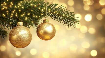 Golden ornaments and fairy lights on a Christmas tree branch, with a soft blurred background and empty space for holiday greetings.