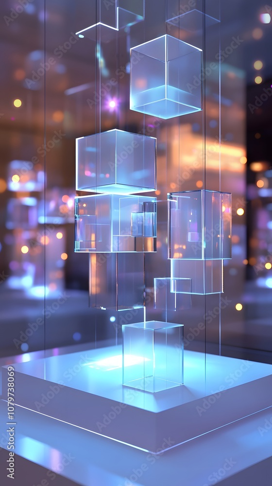 Aufkleber 94. a dynamic 3d display with glowing cubes, clean surfaces, and ample vertical space for a product.