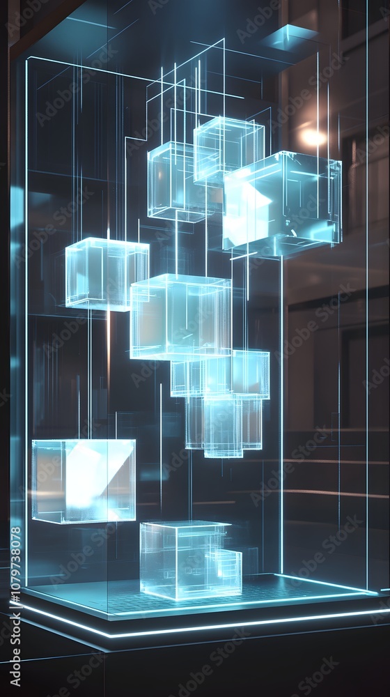 Aufkleber 94. a dynamic 3d display with glowing cubes, clean surfaces, and ample vertical space for a product.