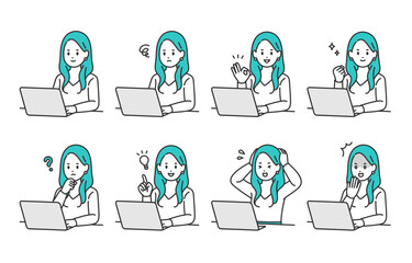 パソコンを見ながらいろいろな表情･ポーズをする若い女性のセット【人物ベクターイラスト素材】