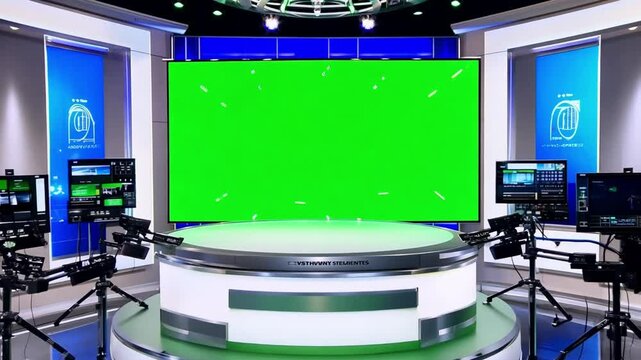 Green Screen Studio:  A professional news studio with a large green screen backdrop, ready for chroma keying and virtual backgrounds.