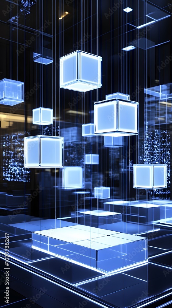 Poster 94. a dynamic 3d display with glowing cubes, clean surfaces, and ample vertical space for a product.