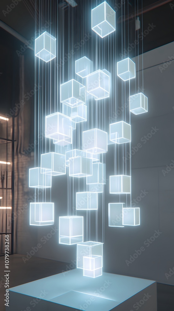 Poster 94. a dynamic 3d display with glowing cubes, clean surfaces, and ample vertical space for a product.