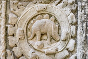 Bas-relief Sculpture at Ta Prohm temple, Siem Reap, Cambodia.