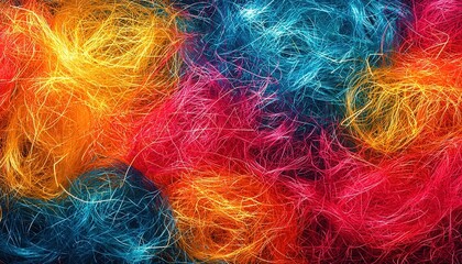 Fototapeta premium Vibrant abstract image featuring a chaotic mix of colorful fibers and threads in blue, red, orange, and pink shades, creating a dynamic visual texture and artistic background.