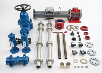 Flat Layer of Waterworks Infrastructure with Pipes, Valves, and Pumps