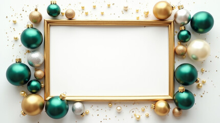 Decorative holiday frame surrounded by colorful ornaments, ideal for seasonal greetings or festive announcements