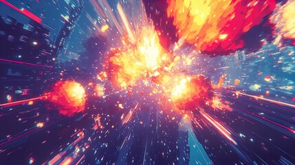 Naklejka premium Epic Victory: A Thrilling Gaming Moment with Pixelated Explosions and Bright Colors – Perfect for a Sports Interior Poster!