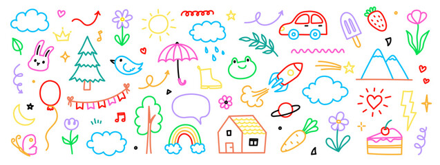 Obraz premium Cute kid background line tree, cloud, flower icon. Hand drawn doodle sketch kid art element set. Flower, heart, cloud children draw style design element background. Vector illustration