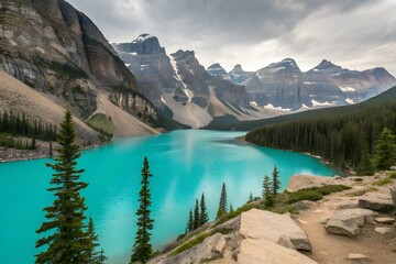 Glacier-Fed Lake Surrounded by Mountains