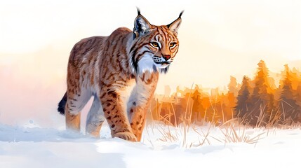 Obraz premium Lynx Silently Stalking Through Snow Covered Digital Painting