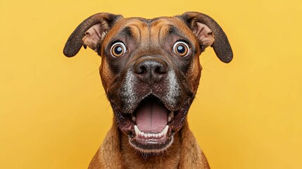 A Brown Dog with Wide Eyes and an Open Mouth Against a Yellow Background